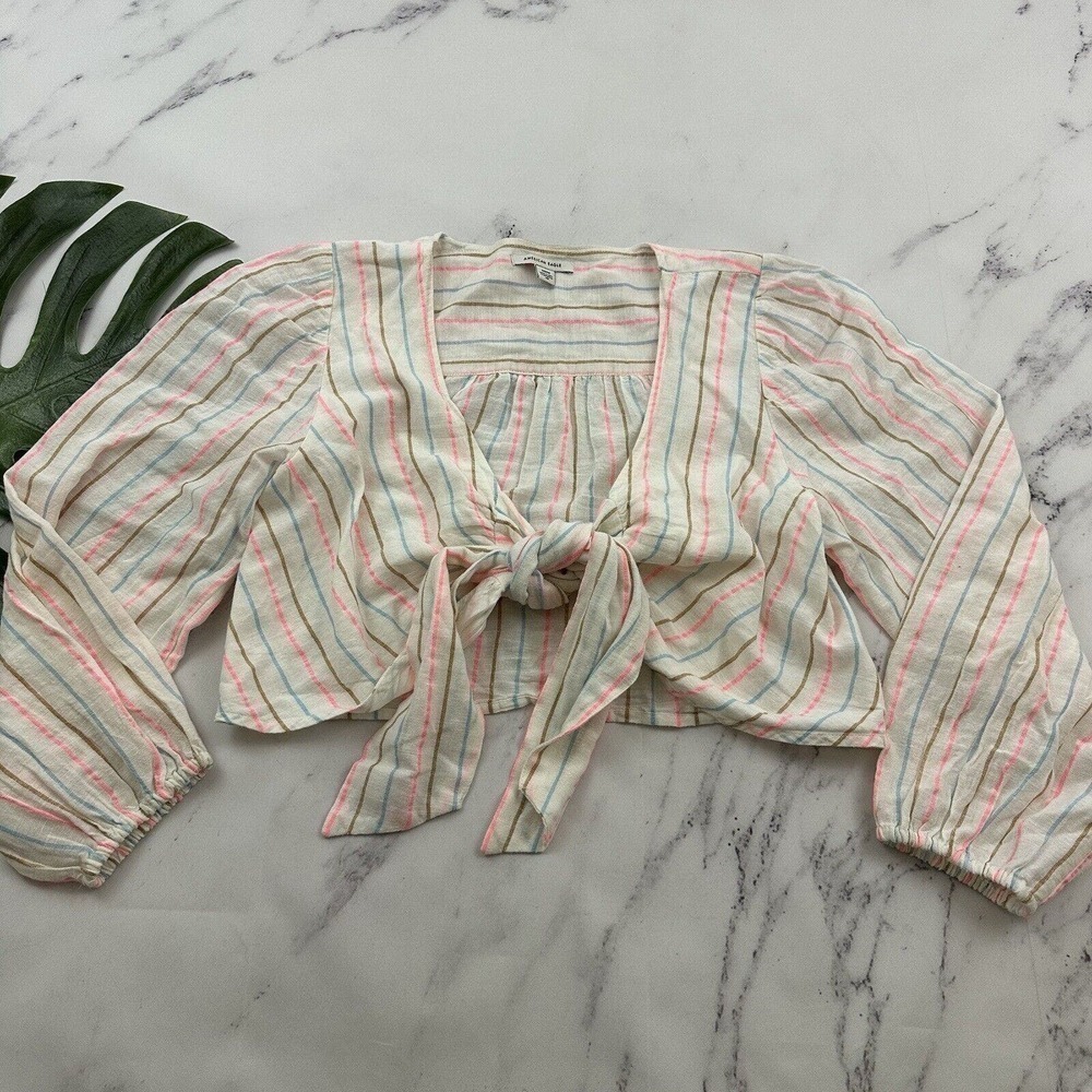 American Eagle Womens Tie Front Crop Top Size M White Pink Striped Retro